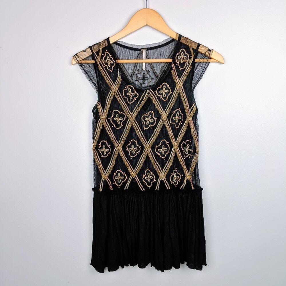Free People Beaded and Embroidered Mesh Top Sz XS